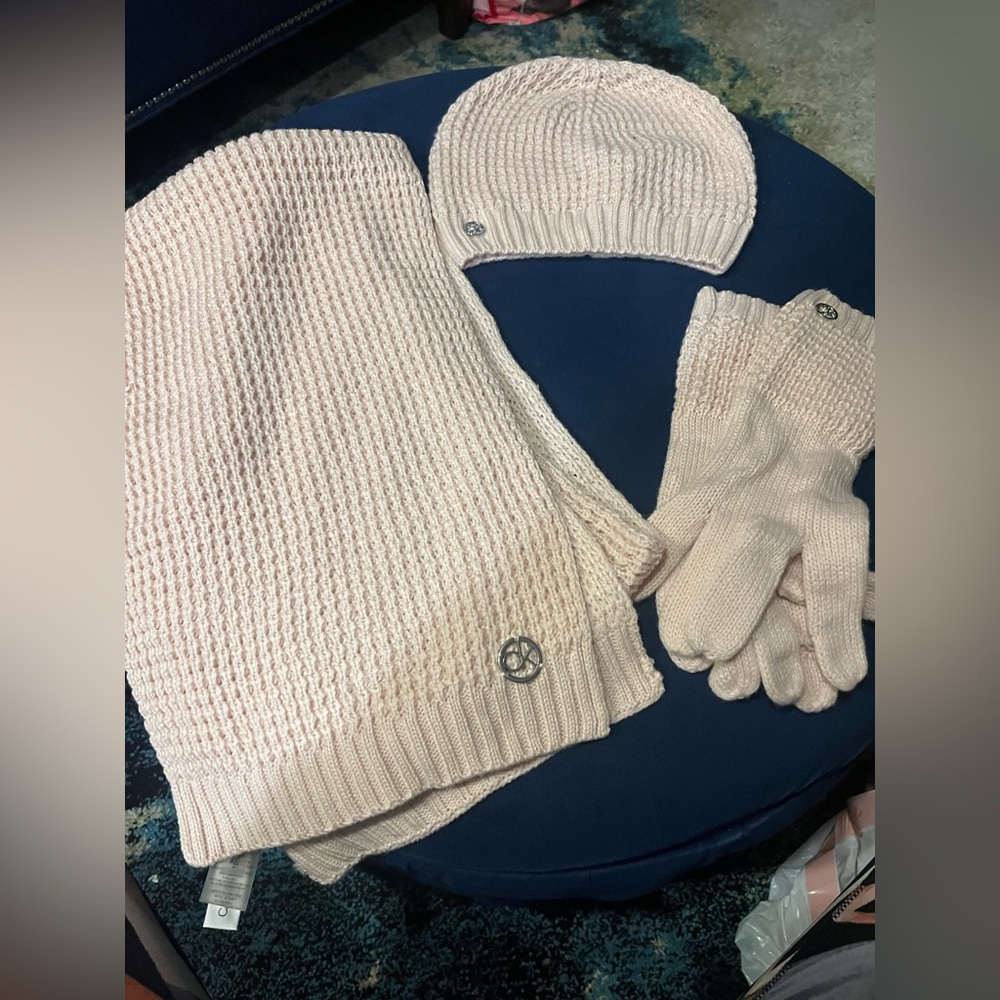 Calvin Klein Soft Pink Knit Hat, Scarf, and Gloves Set